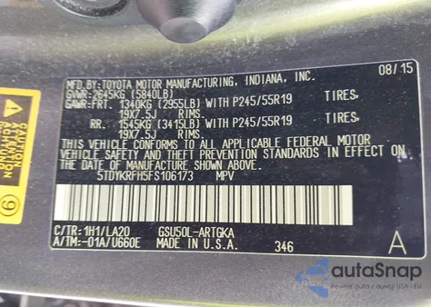 2015 Toyota Highlander Limited V6 z USA, uszkodzony, nr VIN 5TDYKRFH5FS106173